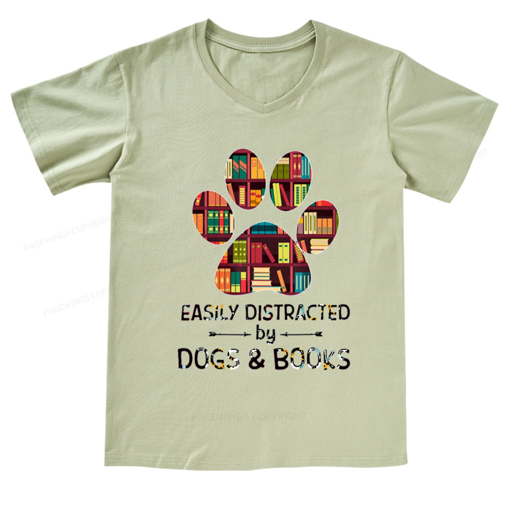 Pagewings Easily Distracted By Dogs And Books V-neck T-shirt