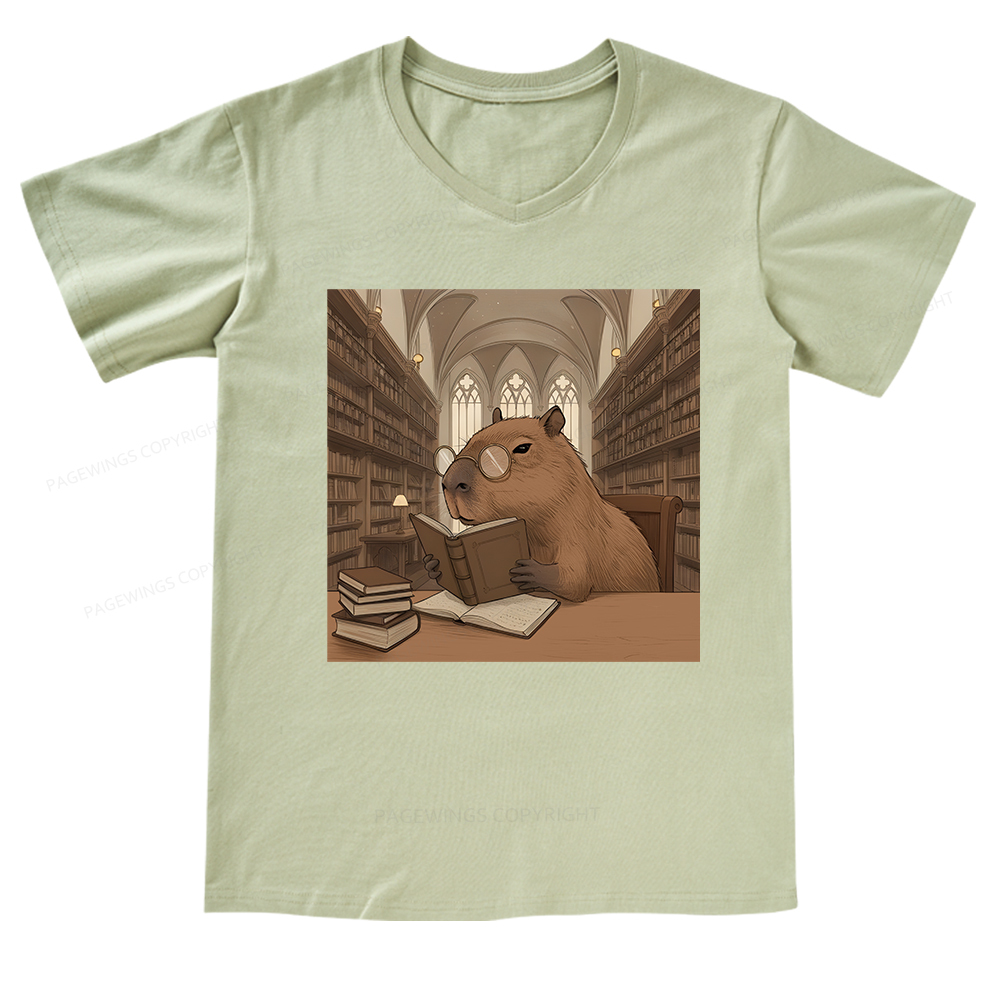 Pagewings The Reader Capybara V-neck T-shirt
