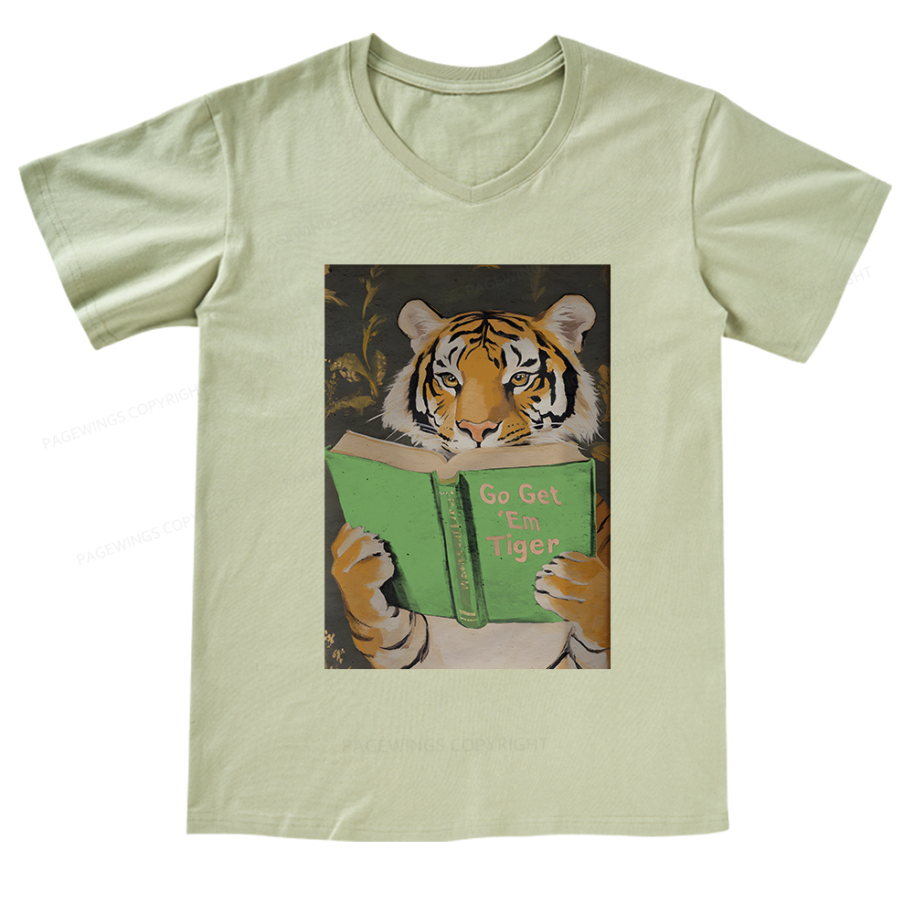 Pagewings Motivational Tiger Reading V-neck T-shirt