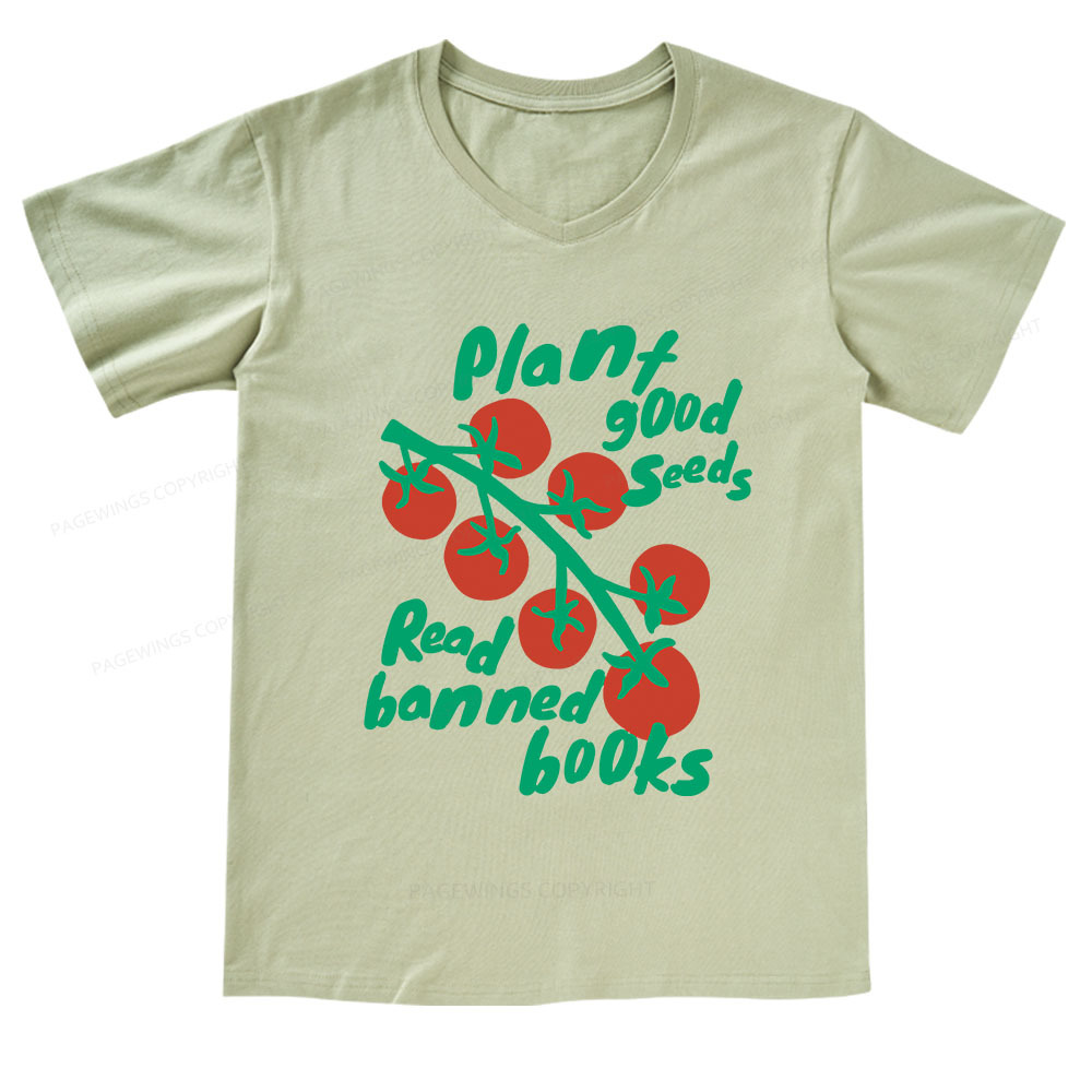 Pagewings Plant Good Seeds Read Banned Books V-neck T-shirt