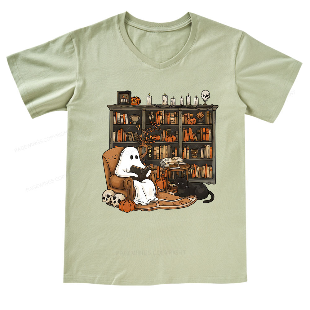 Pagewings Halloween Ghost Reading Books V-neck T-shirt