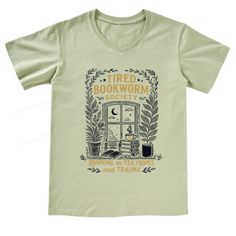 Pagewings Tired Bookworm Society V-neck T-shirt