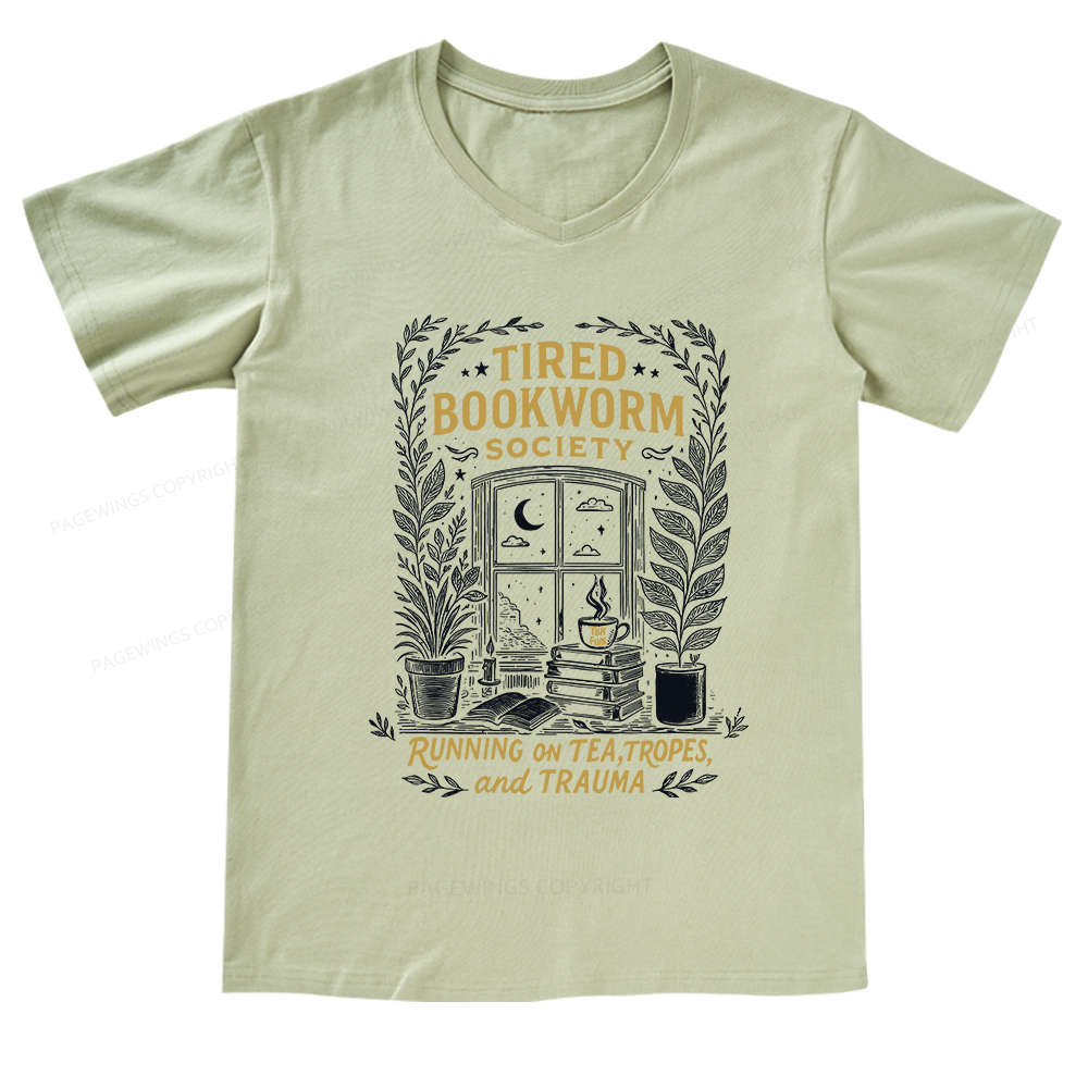 Pagewings Tired Bookworm Society V-neck T-shirt