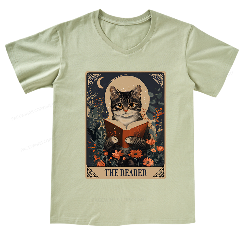 Pagewings The Reader Tarot Card Cat V-neck T-shirt