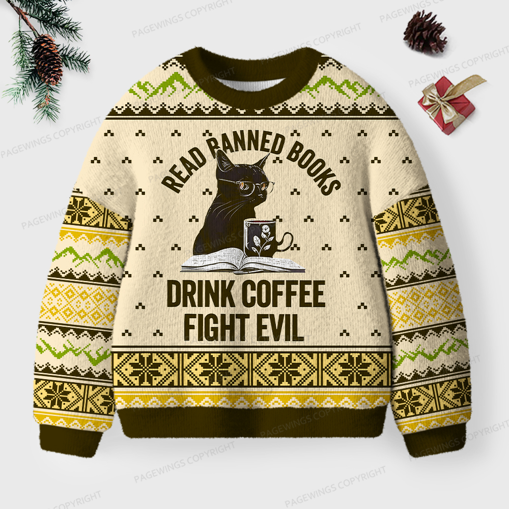 Pagewings Read Banned Books Drink Coffee Fight Evil Unisex Ugly Knit Sweatshirt