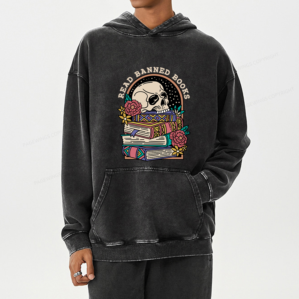Pagewing Read Banned Book Floral Unisex Washed Hoodie