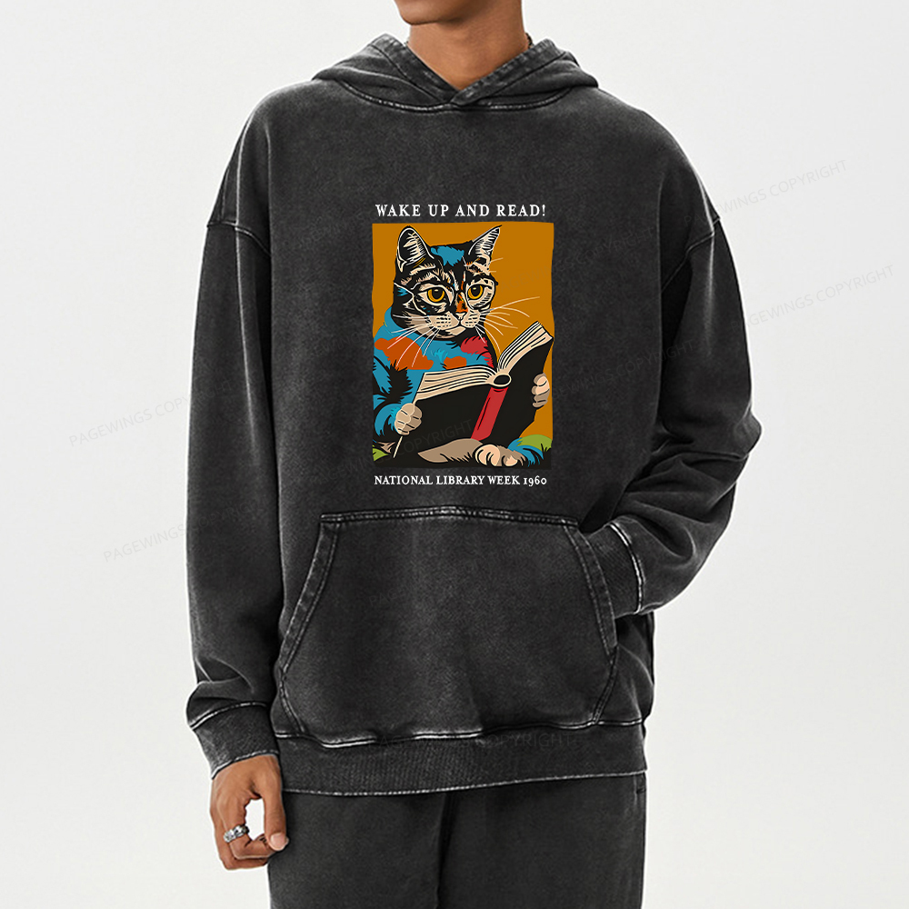 Pagewing Cat Reading Poster Unisex Washed Hoodie