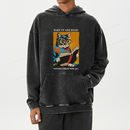 Pagewing Cat Reading Poster Unisex Washed Hoodie