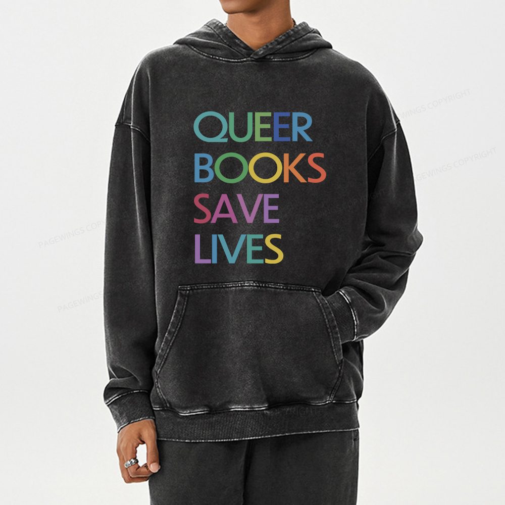 Pagewing Queer Books Save Lives Unisex Washed Hoodie