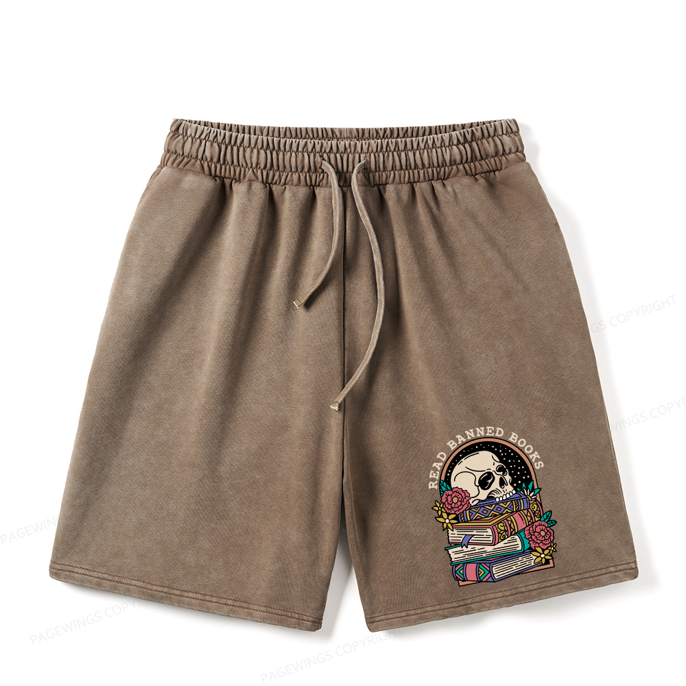 Pagewings Read Banned Book Floral  Unisex Washed Shorts