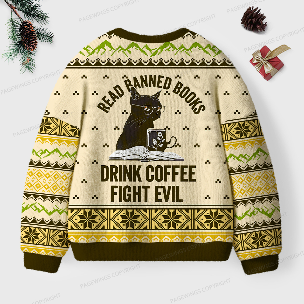 Pagewings Read Banned Books Drink Coffee Fight Evil Unisex Ugly Knit Sweatshirt