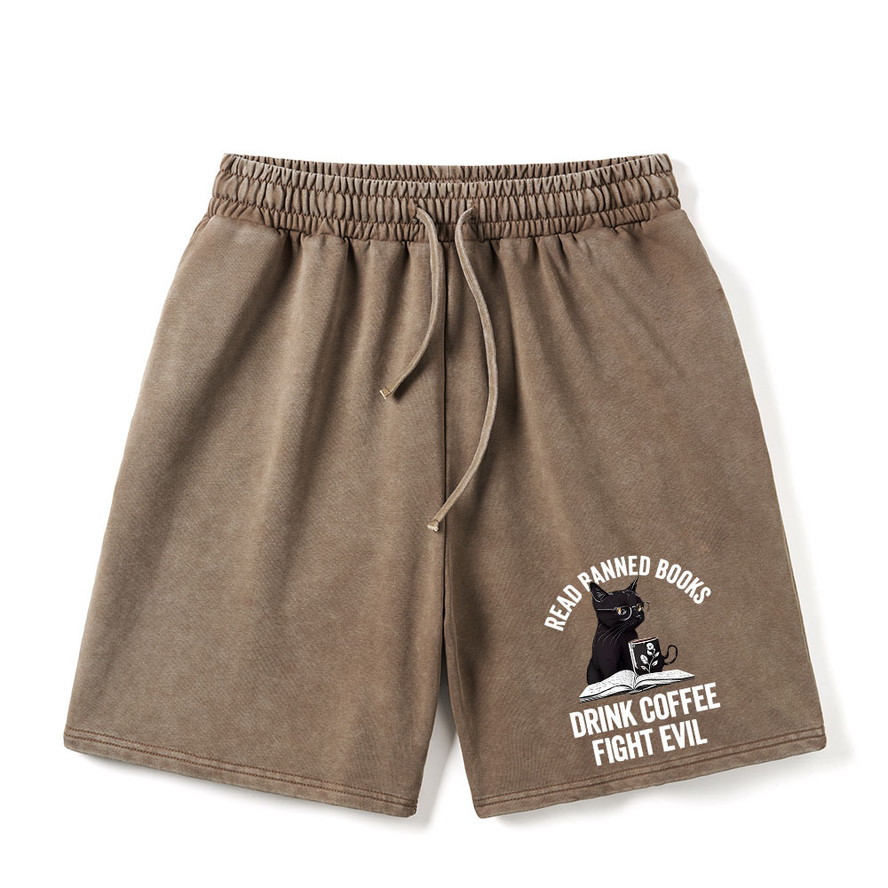Pagewings Read Books Drink Coffee Fight Evil Unisex Washed Shorts