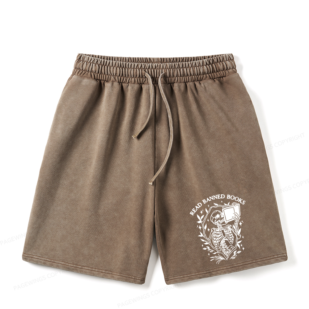 Pagewings Read Banned Books Skeleton Halloween Unisex Washed Shorts