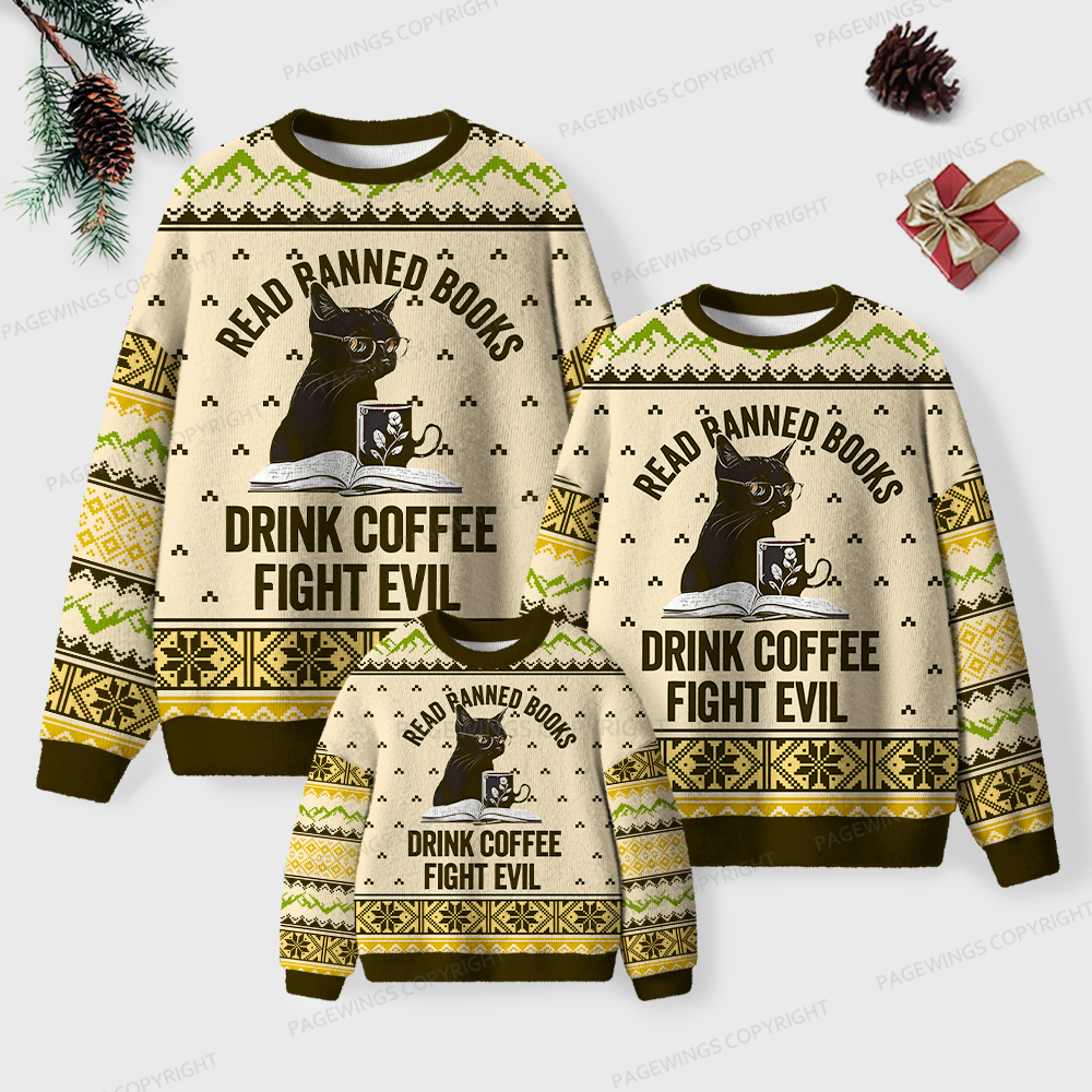 Pagewings Read Banned Books Drink Coffee Fight Evil Unisex Ugly Knit Sweatshirt