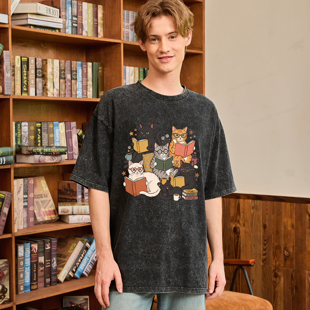Pagewings Retro Reading Cats Unisex Washed T-shirt