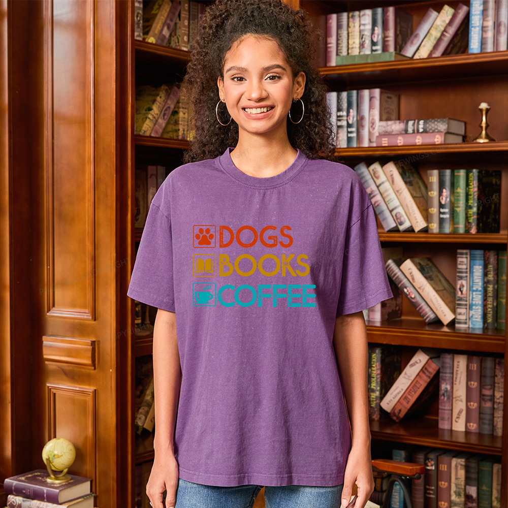 Pagewings Dogs Books Coffee Unisex Washed T-shirt