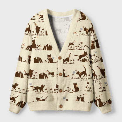 Pagewings Cat Book Lover Light Knit Unisex Cardigan Sweaters