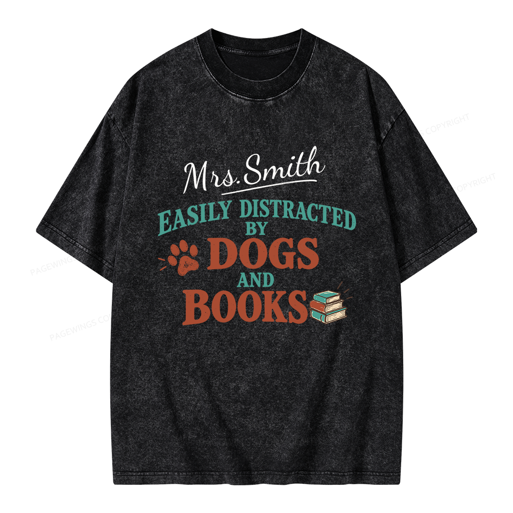 Pagewings Personalized Easily Distracted by Dogs and Books Unisex Washed T-shirt