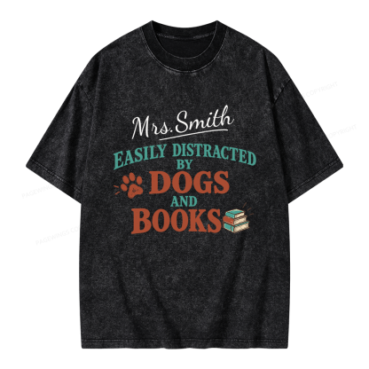 Pagewings Personalized Easily Distracted by Dogs and Books Unisex Washed T-shirt