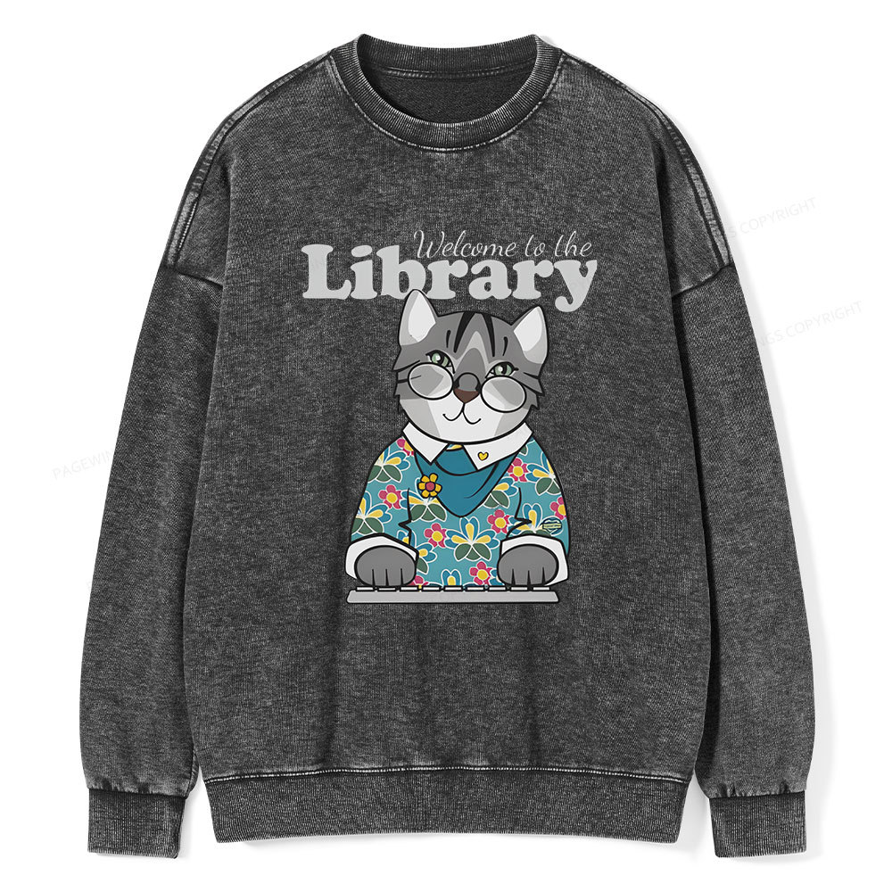 Pagewings Welcome to the Library Cat Unisex Washed Sweatshirt