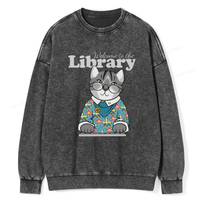 Pagewings Welcome to the Library Cat Unisex Washed Sweatshirt