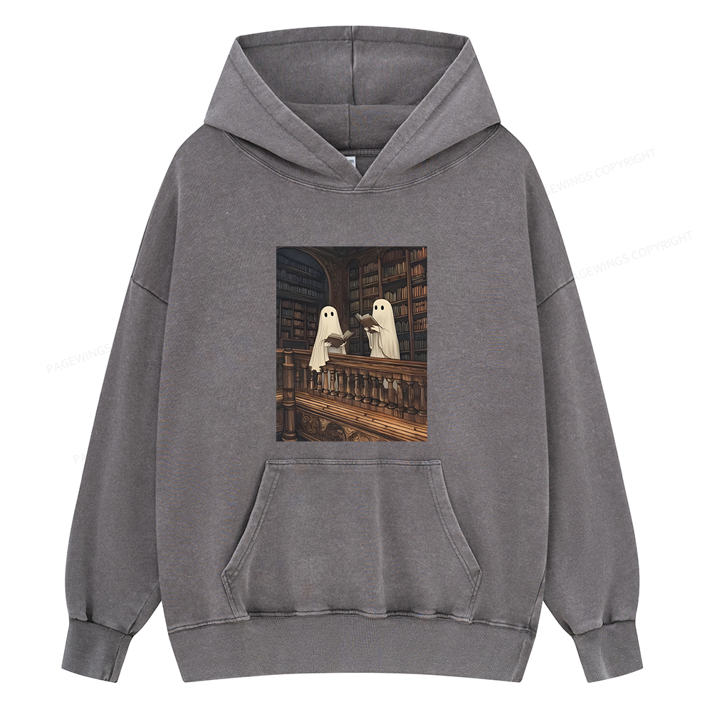 Pagewings Halloween Ghost Reading Unisex Washed Hoodie