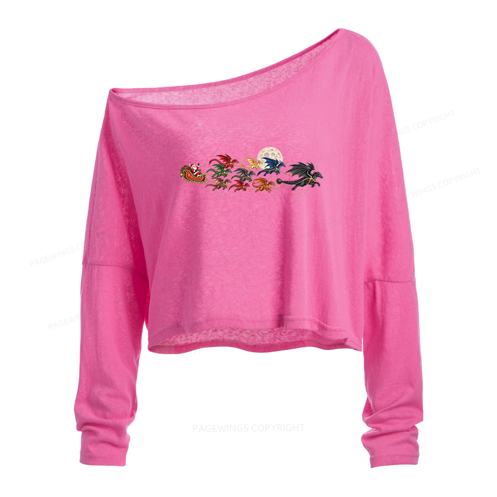 Pagewings Christmas Dragon Bookish Slouchy Long Sleeve Off Shoulder T-shirt