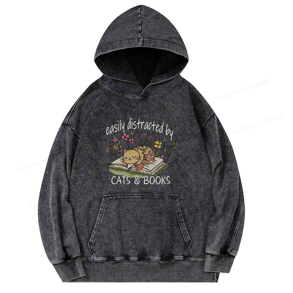 Pagewings Easily Distracted By Cats And Books Unisex Washed Hoodie
