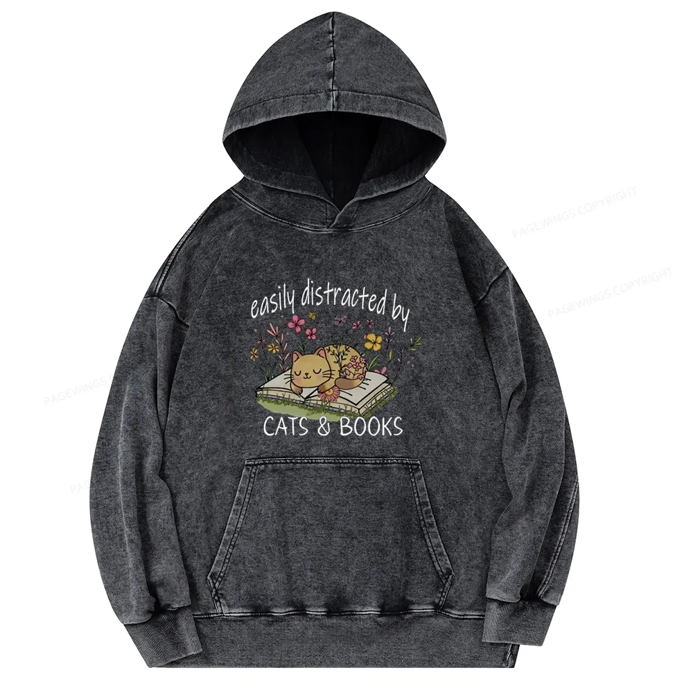 Pagewings Easily Distracted By Cats And Books Unisex Washed Hoodie