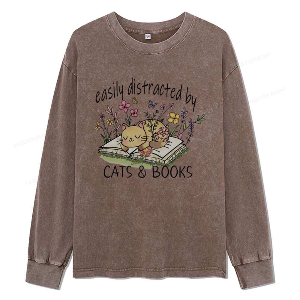 Pagewings Easily Distracted By Cats And Books Unisex Washed Long Sleeve T-shirt