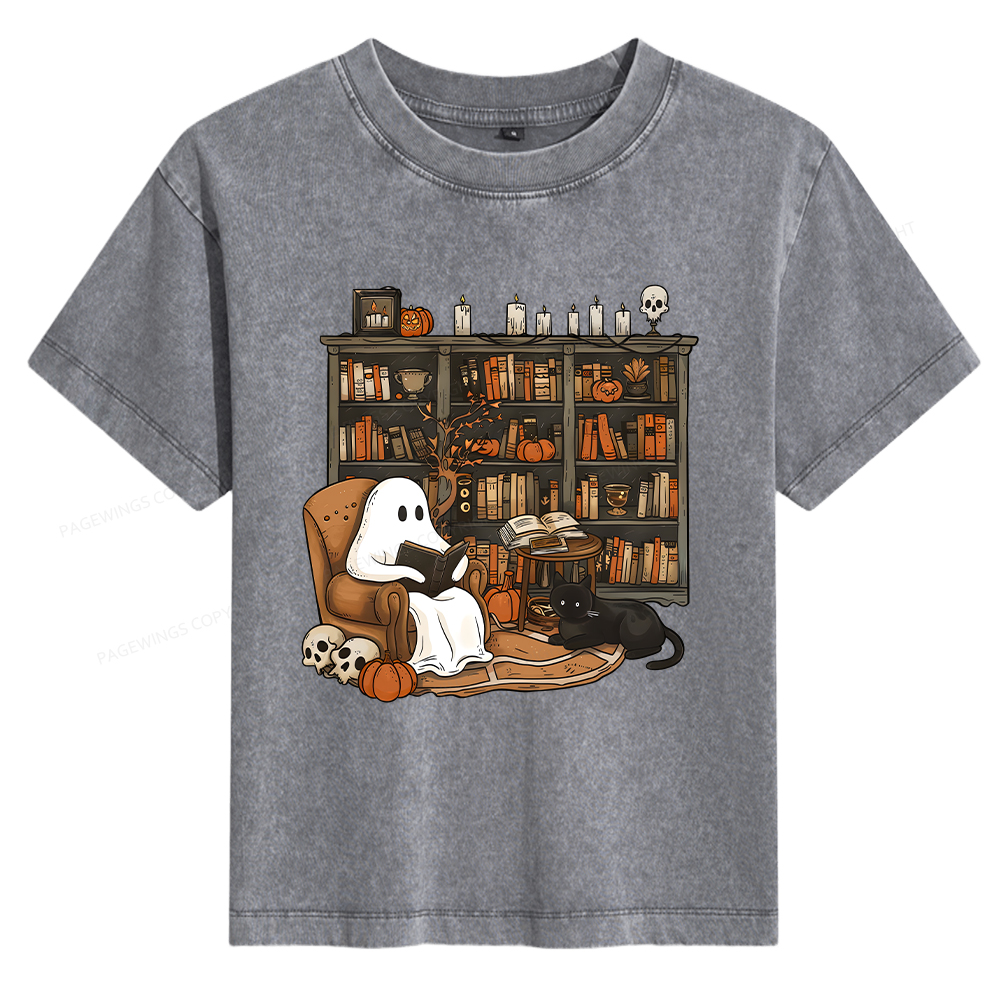 Pagewings Halloween Ghost Reading Books Women's Washed T-shirt