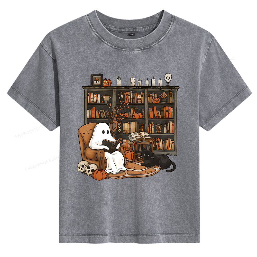 Pagewings Halloween Ghost Reading Books Women's Washed T-shirt