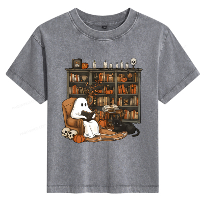 Pagewings Halloween Ghost Reading Books Women's Washed T-shirt