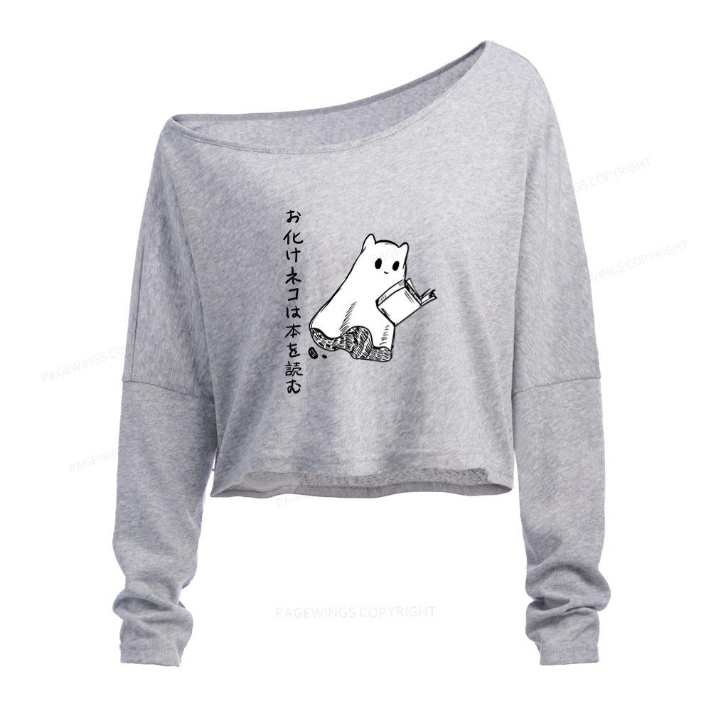 Pagewings Japanese Ghost Cat Reads a Book on Men's Premium Slouchy Long Sleeve Off Shoulder T-shirt