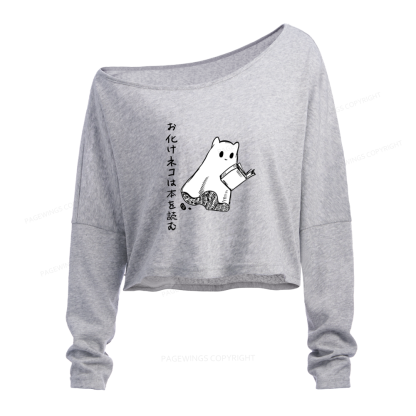 Pagewings Japanese Ghost Cat Reads a Book on Men's Premium Slouchy Long Sleeve Off Shoulder T-shirt