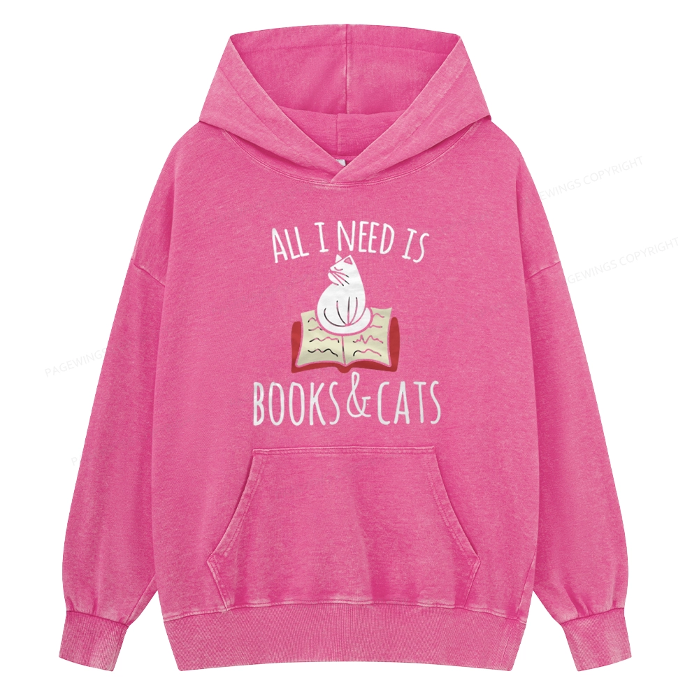Pagewings All I Need Is Book & Cat Unisex Washed Hoodie