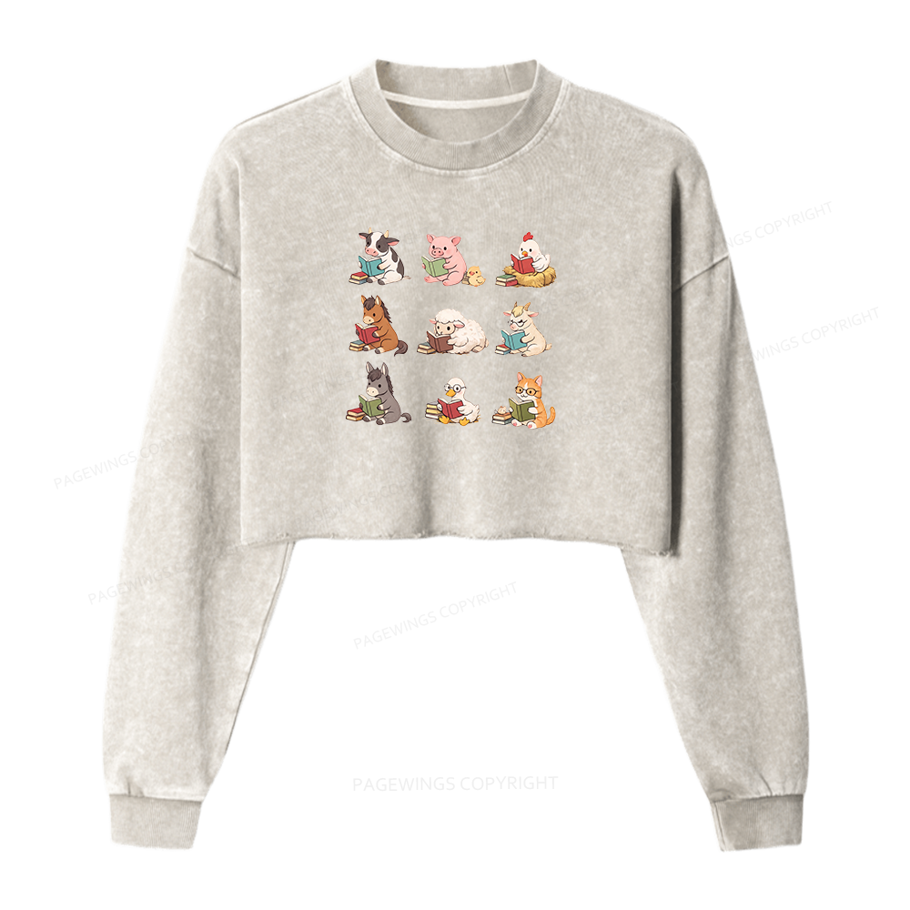 Pagewing Farm Animals Reading Washed Crop Sweatshirt