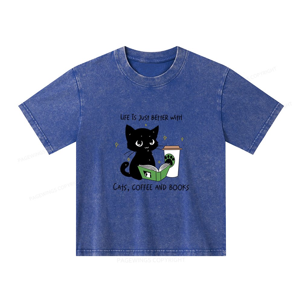 Pagewings Cats Coffee And Books Unisex Kids Washed T-shirt