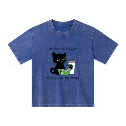Pagewings Cats Coffee And Books Unisex Kids Washed T-shirt