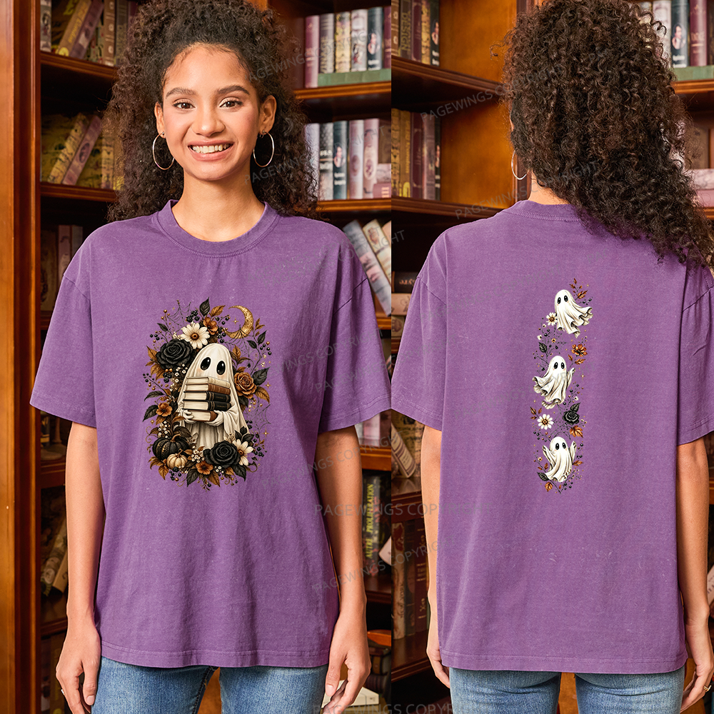 Pagewings Halloween Floral Ghost Bookish Unisex Washed T-shirt