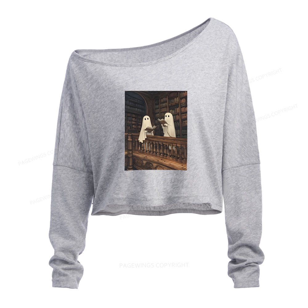 Pagewings Halloween Ghost Reading Slouchy Long Sleeve Off Shoulder T-shirt