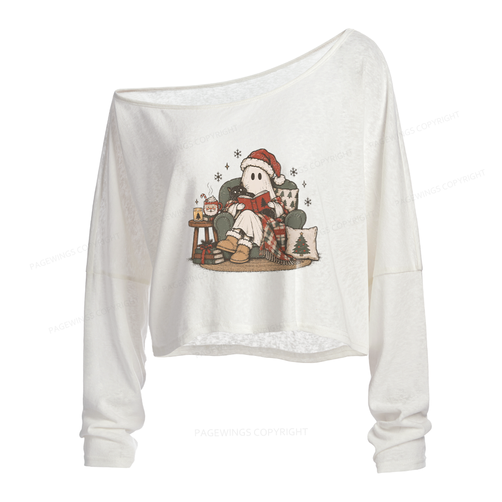Pagewings Christmas Ghost Reading Slouchy Long Sleeve Off Shoulder T-shirt