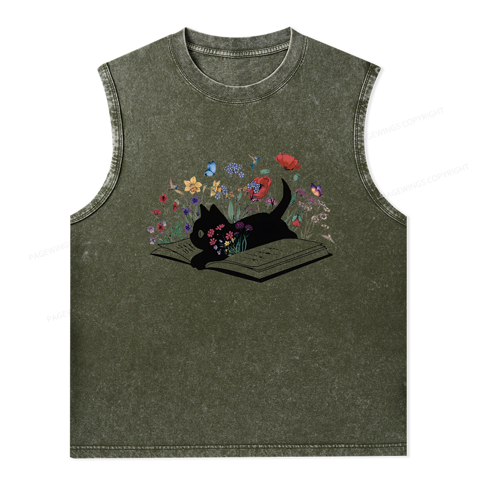 Pagewings Cute Book Cat Unisex Washed Tank Top
