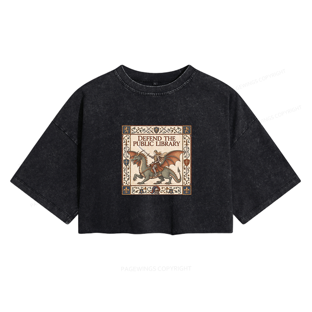 Pagewings Defend the Public Library Women's Washed Cropped T-shirt
