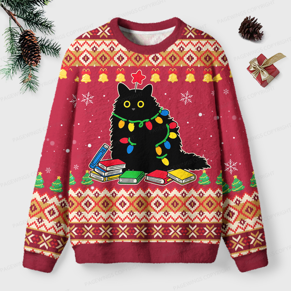 Pagewings Christmas Reading Cat Unisex Ugly Light Knit Sweatshirt