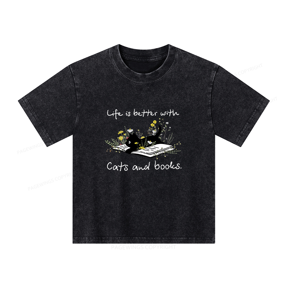 Pagewings Life Is Better With Cats And Books Unisex Kids Washed T-shirt