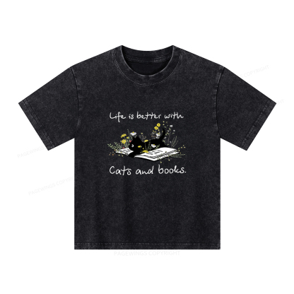 Pagewings Life Is Better With Cats And Books Unisex Kids Washed T-shirt