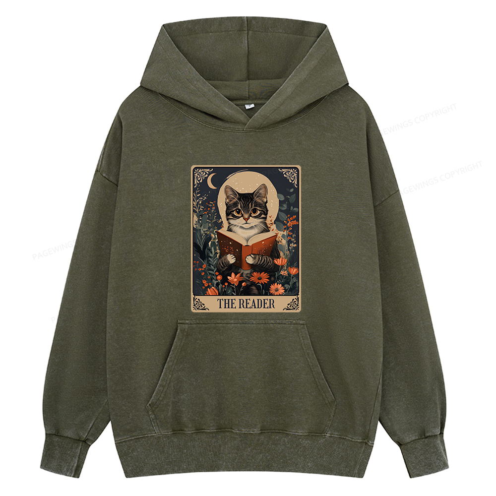 Pagewings The Reader Tarot Card Cat Unisex Washed Hoodie