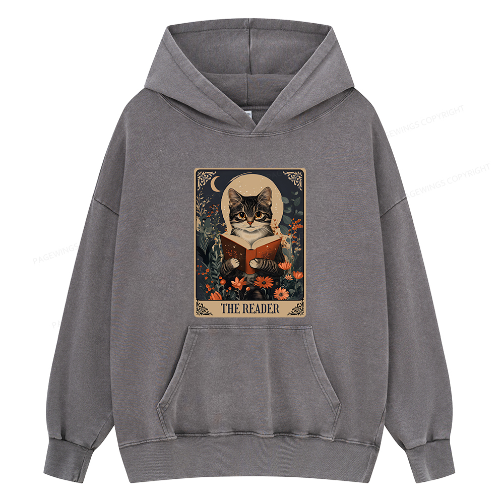 Pagewings The Reader Tarot Card Cat Unisex Washed Hoodie