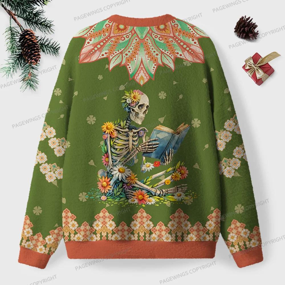 Pagewings Skeleton Reading Unisex Ugly Knit Sweatshirt